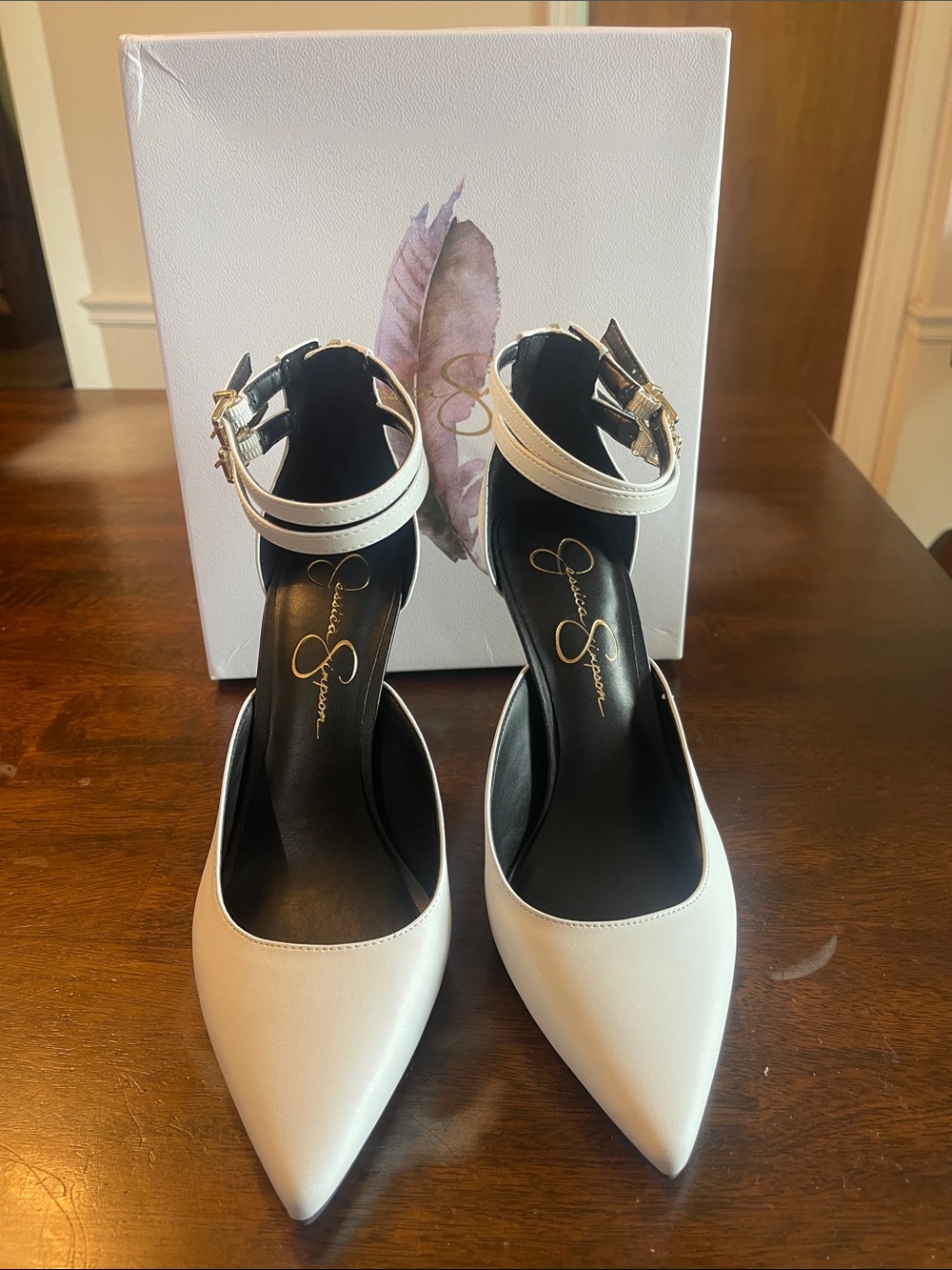 Jessica Simpson White Pointed-Toe Double Ankle Strap Heels